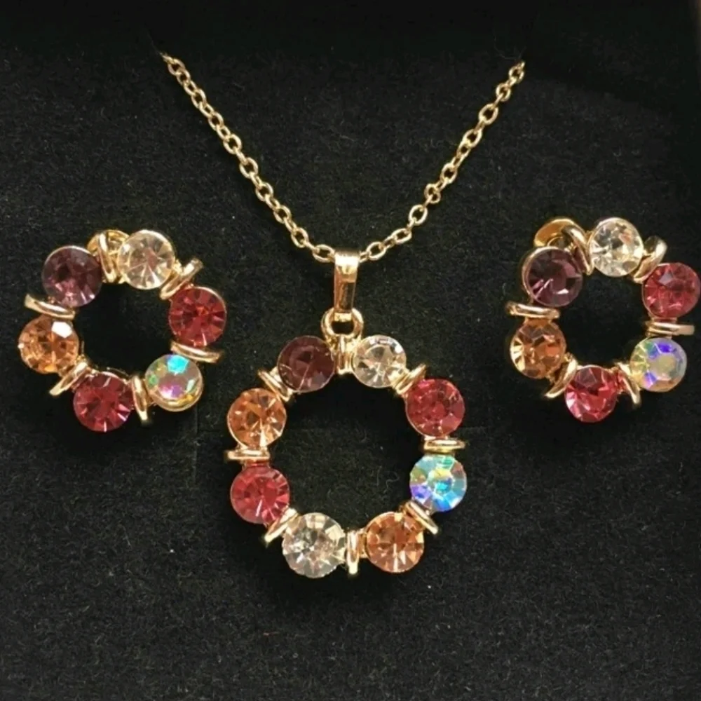 Gold rhinestones Necklace and earrings set dainty Rainbow multicolor 💖